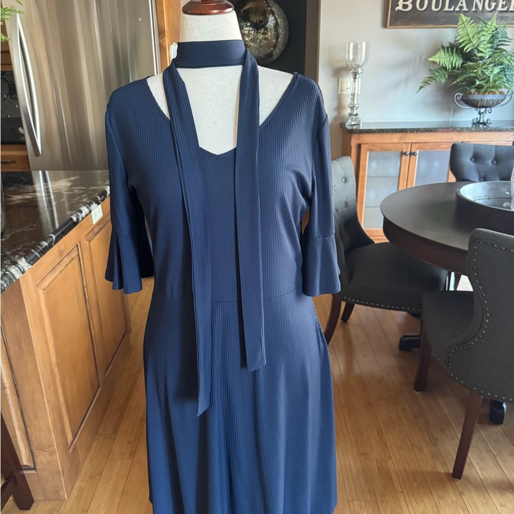 Elegant Navy Blue Dress with Scarf